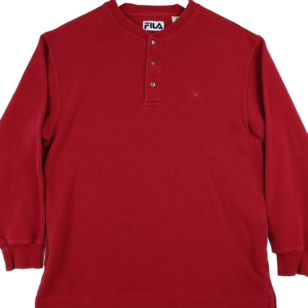 FILA Henley Shirt Mens Medium Red 1/4 Button Long Sleeve Pullover Thermal Waffle